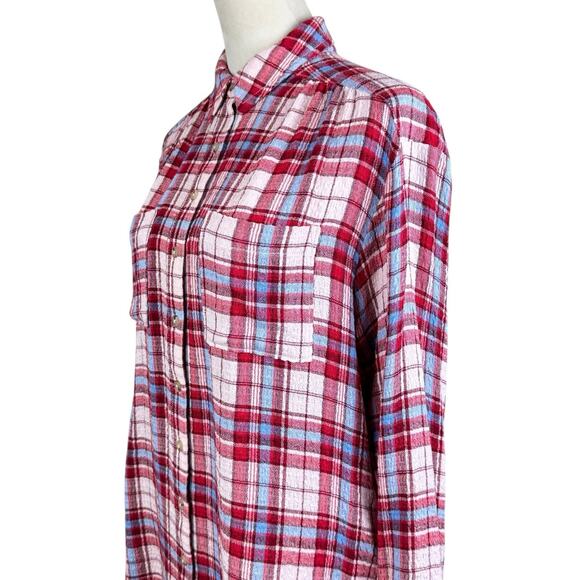 Anthropologie Pilcro Red Blue Pink Plaid Soft Knit Long Sleeve Button Up Shirt - Picture 5 of 11